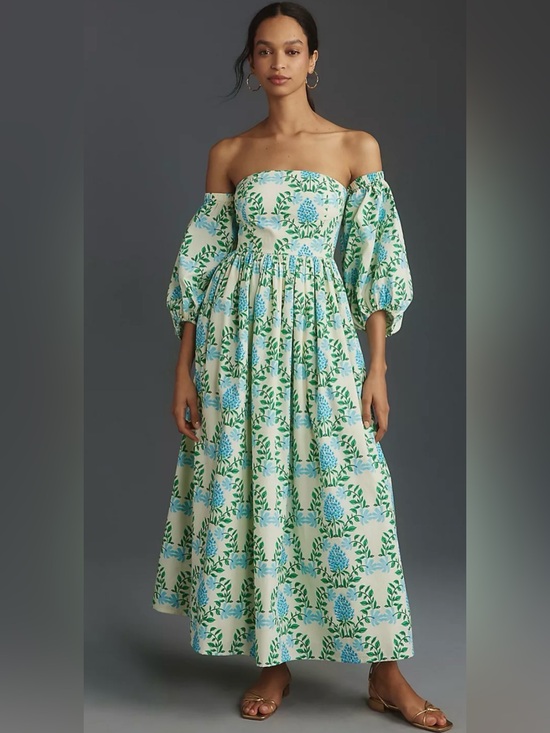 Anthropologie Dresses & Skirts - Anthropologie Let Me Be Blue and Green Hydrangea Printed Midi Dress - size M